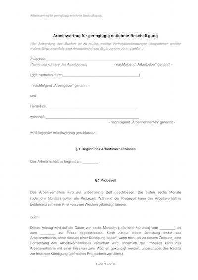 Auszug von Minijob Arbeitsvertrag Vorlage