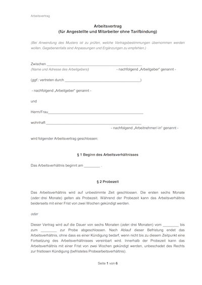 Auszug von Standard Arbeitsvertrag Vorlage