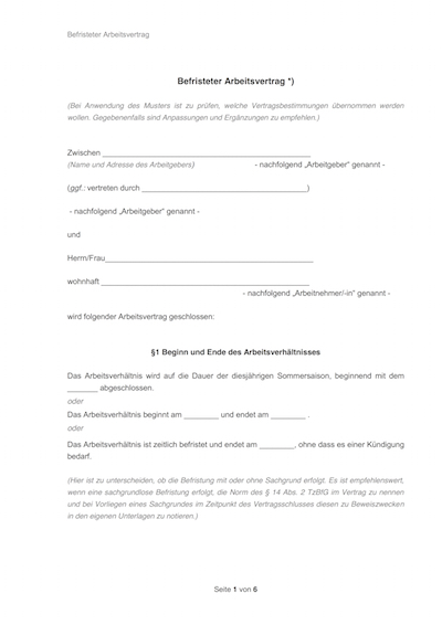 Auszug von Befristeter Arbeitsvertrag Vorlage