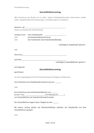 Auszug von Geschäftsführervertrag Vorlage