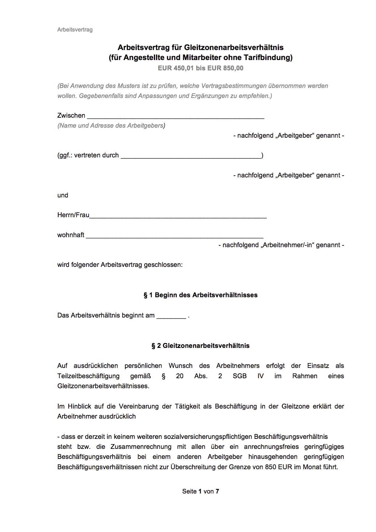 Auszug von Midijob Arbeitsvertrag Vorlage