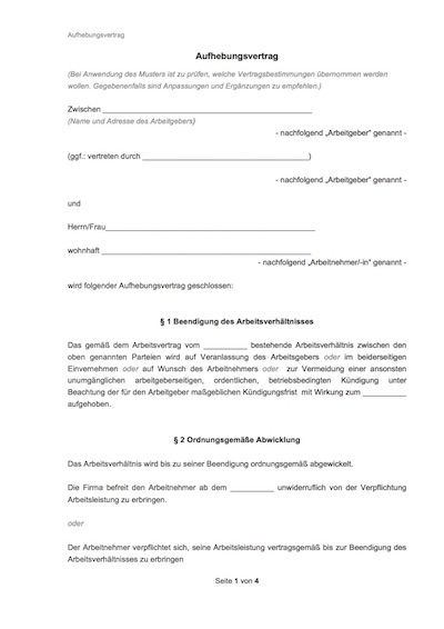 Auszug von Aufhebungsvertrag Vorlage