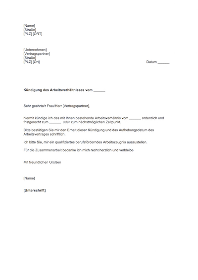 Auszug von Kündigung Arbeitsvertrag Vorlage