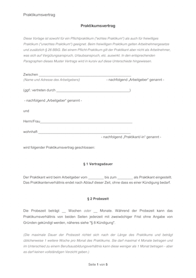 Auszug von Praktikantenvertrag Vorlage