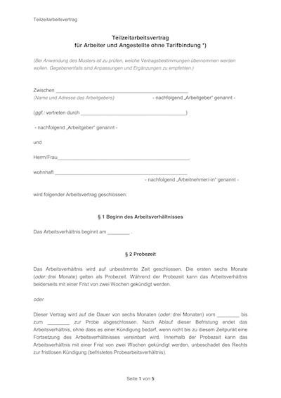 Auszug von Teilzeit Arbeitsvertrag Vorlage