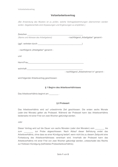 Auszug von Vollzeit Arbeitsvertrag Vorlage