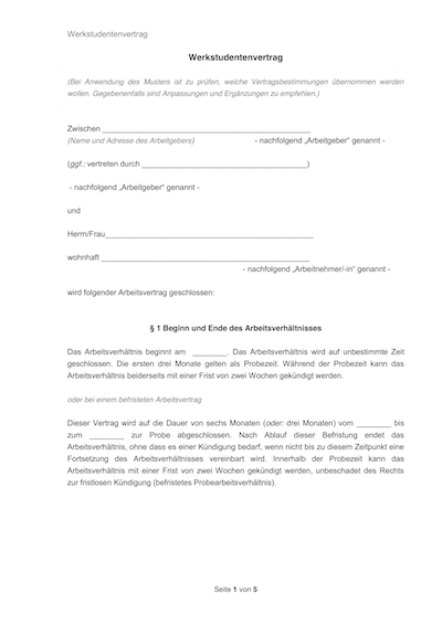 Auszug von Werkstudentenvertrag Vorlage