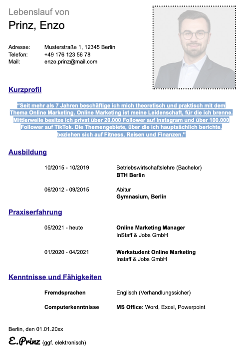 Moderner Lebenslauf mit Kurzprofil als Beispiel