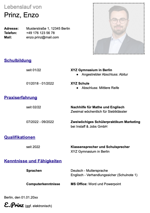 Lebenslauf für Schüler als Muster