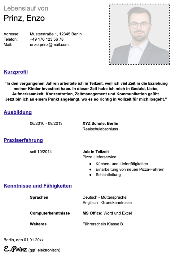 Lebenslauf für Bewerber mit wenig Erfahrung als Beispiel