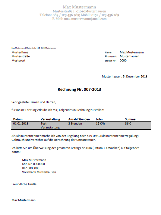 Muster Rechnung bei Gewerbeschein