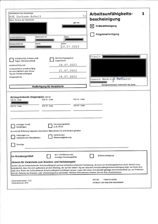Arbeitsunfähigkeitsbescheinigung in Papierform. Ausfertigung für Versicherte