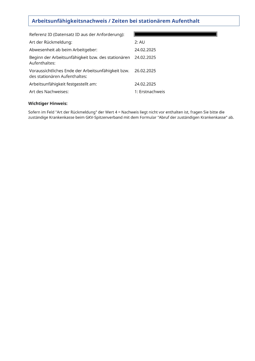 eAU Rückmeldung von der Krankenkasse Blatt 2
