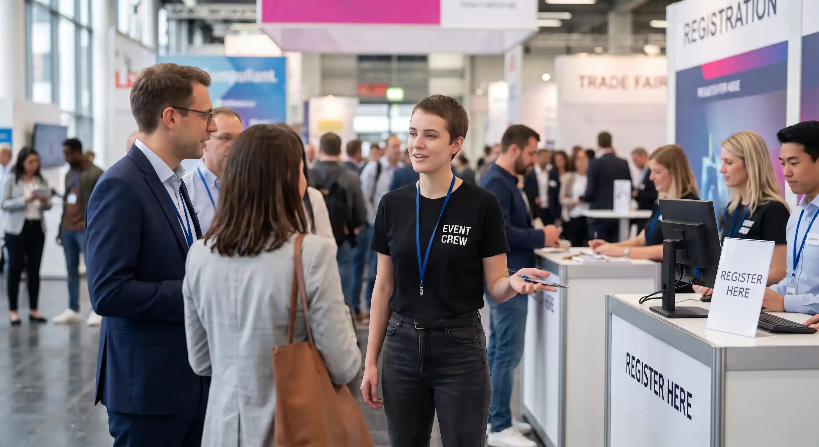 Foto: Eventhelferin im schwarzen Event-Staff-Shirt begrüßt Messebesucher an der Registrierung – Einstieg ohne Berufserfahrung auf Messen und Events.