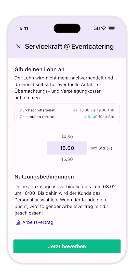 Screenshot der InStaff-App: Eingabemaske für den Stundenlohn bei einer Bewerbung als Servicekraft im Eventcatering.
