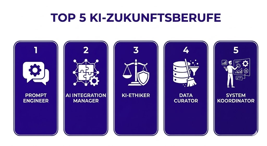Infografik: Neue Jobs durch KI – Prompt Engineer, AI Integration Manager, KI-Ethiker, Data Curator und Prozesskoordinatoren als gefragte Berufsfelder der Zukunft.